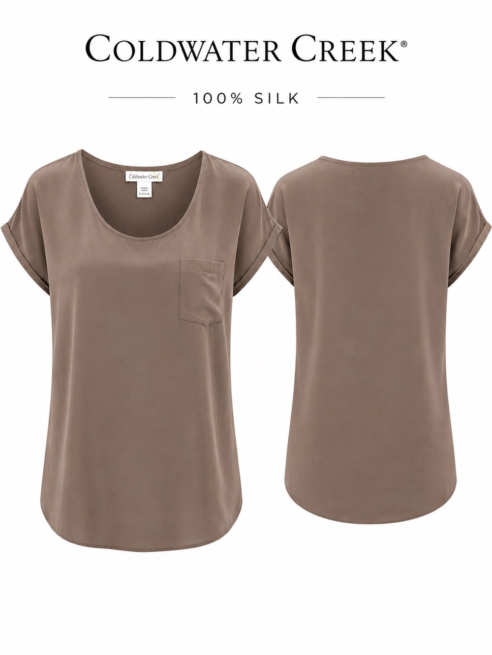 Coldwater Creek 100% Silk Taupe Short Sleeve Blouse Pocket Top Women’s Plus Size